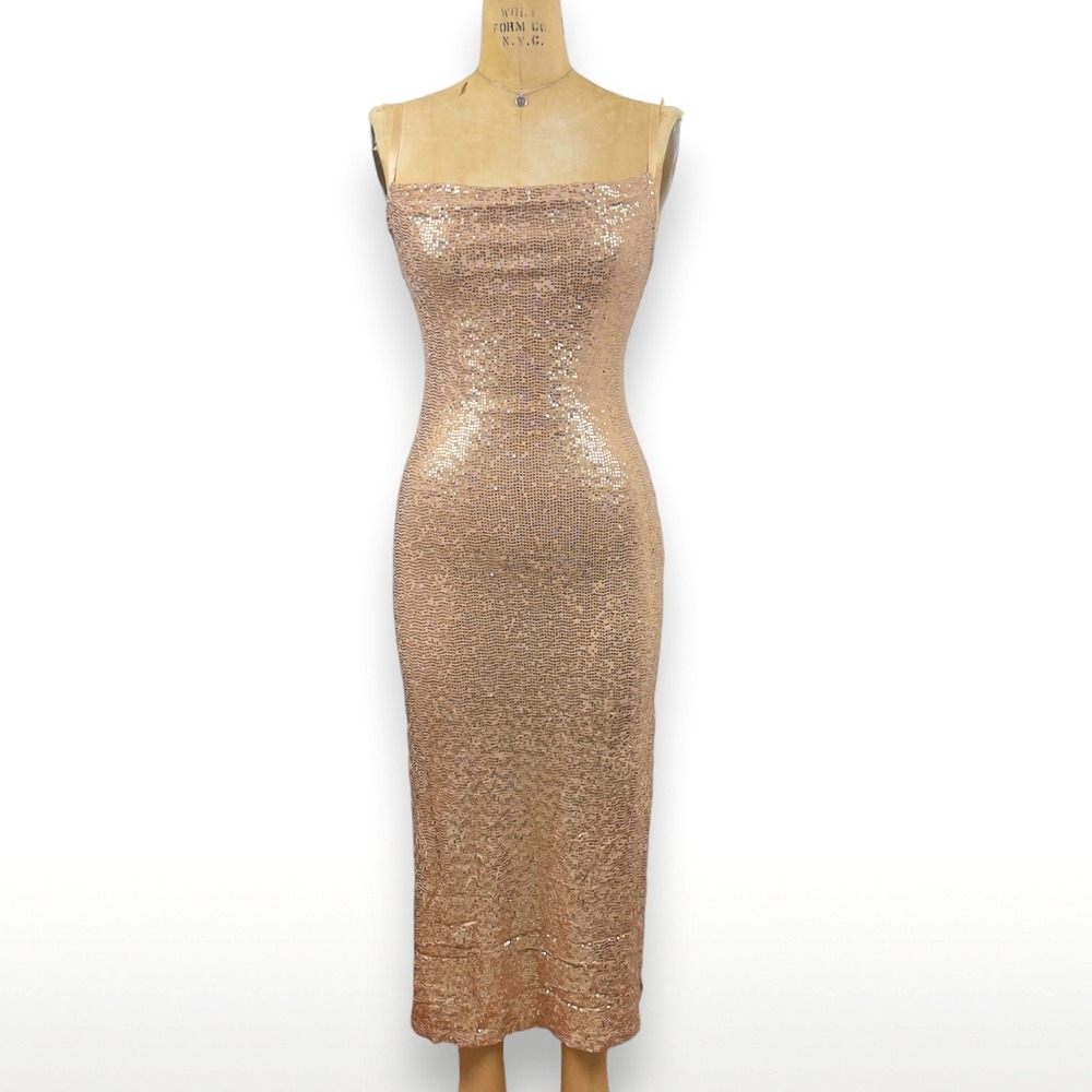 Bebe Cowl Neck Shimmer Rose‎ Gold Sequin Maxi Slip Dress Baddie Prom Y2K Sz XS